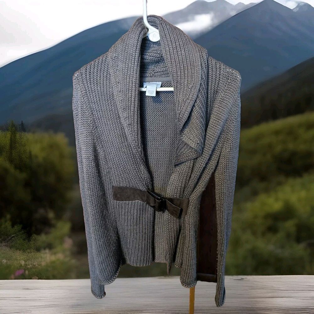 Soft Surroundings Brown Wool Blend Suede Belted Sweater Cardigan Sze S Essential